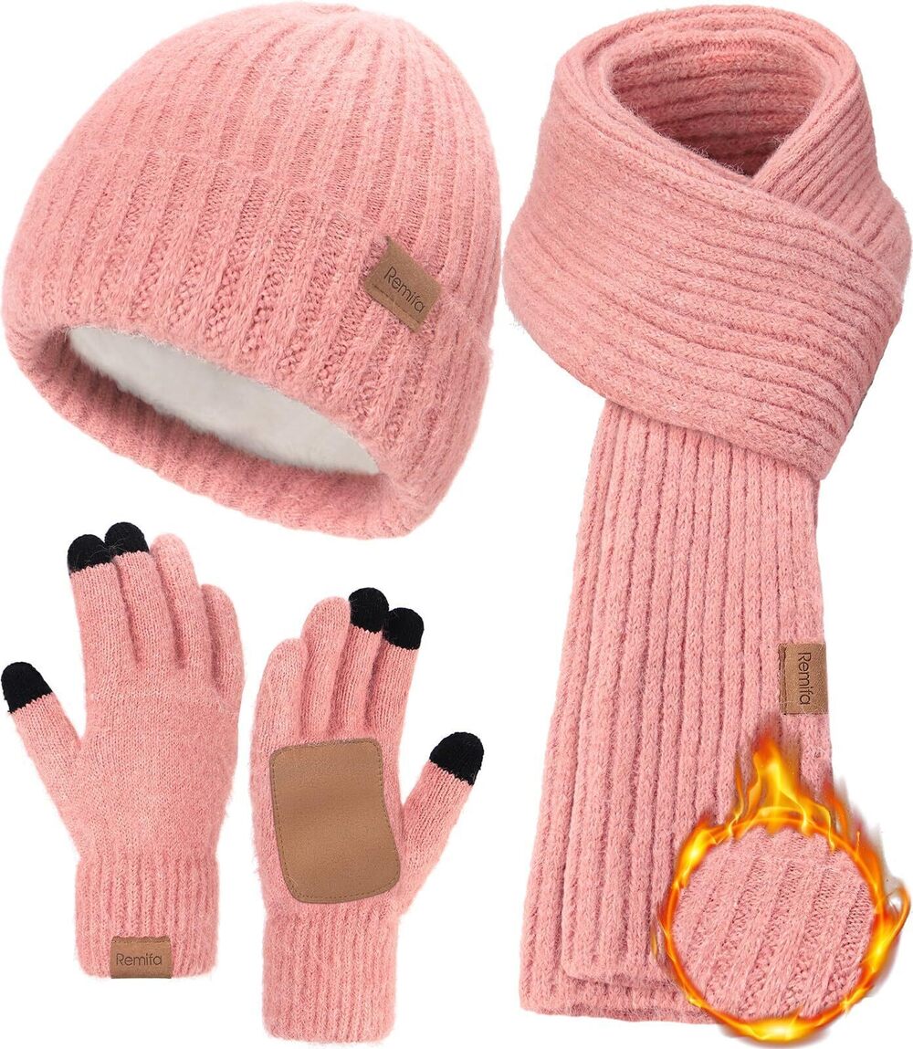6946 Beanie Hat Scarf Gloves Set , Winter Beanie Long Knit Scarf Anti-Slip